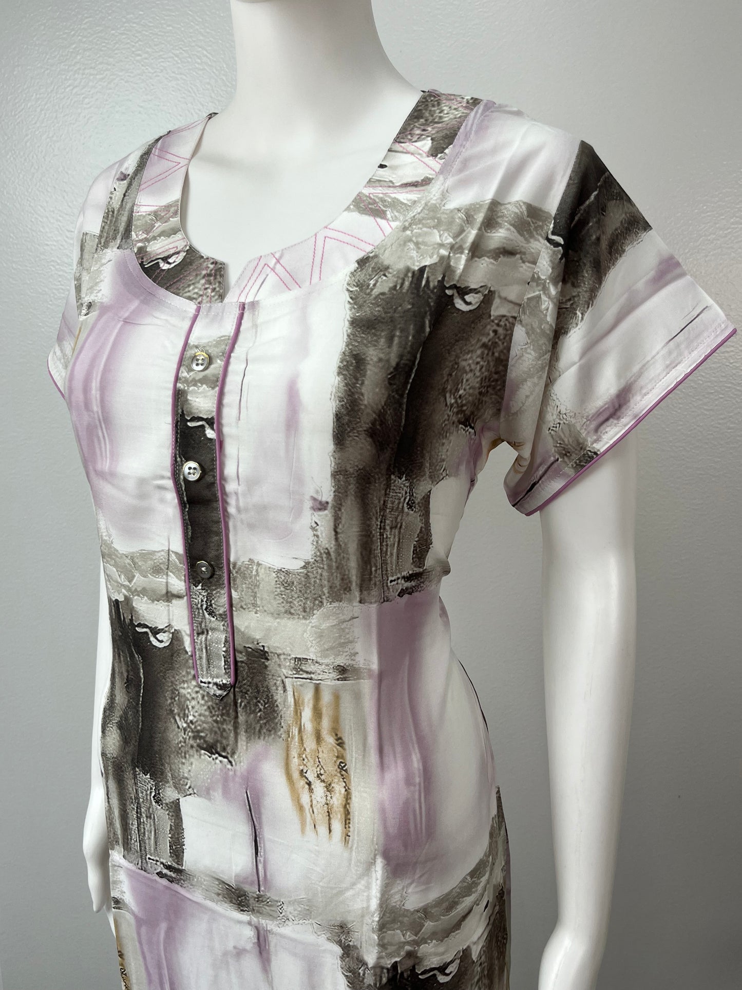 White & Violet Printed Rayon Nightgown for Women