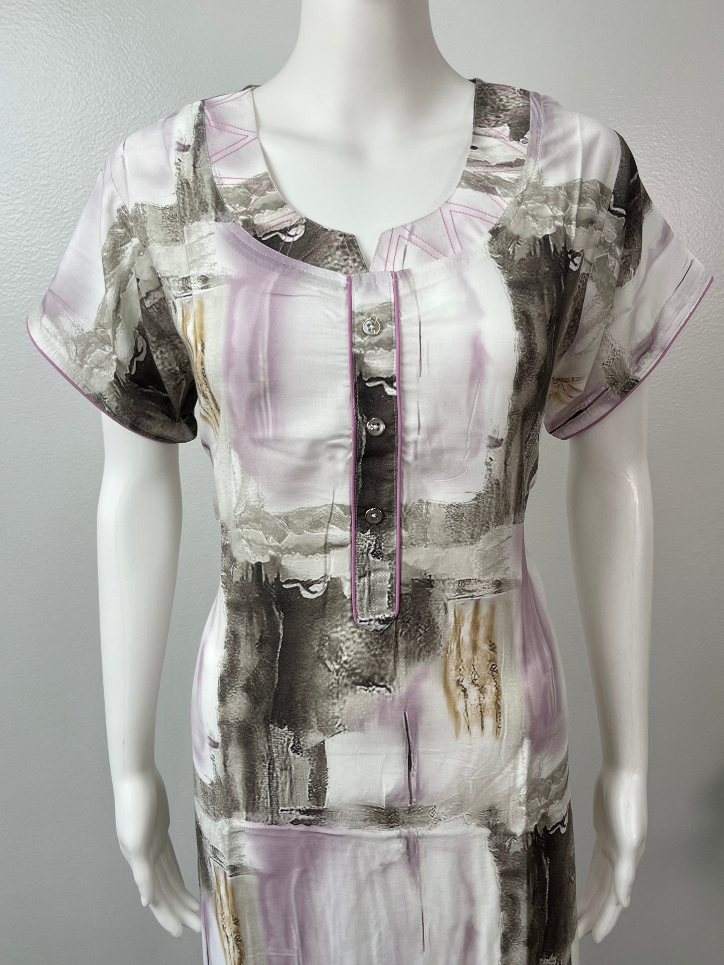 White & Violet Printed Rayon Nightgown for Women