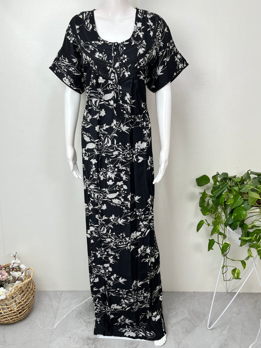 Black Pleated Style Rayon Satin Fabric Nightgown