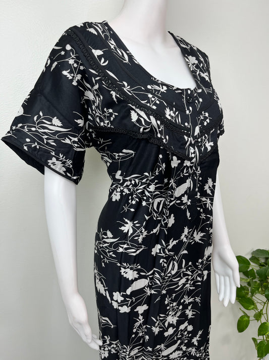Black Pleated Style Rayon Satin Fabric Nightgown