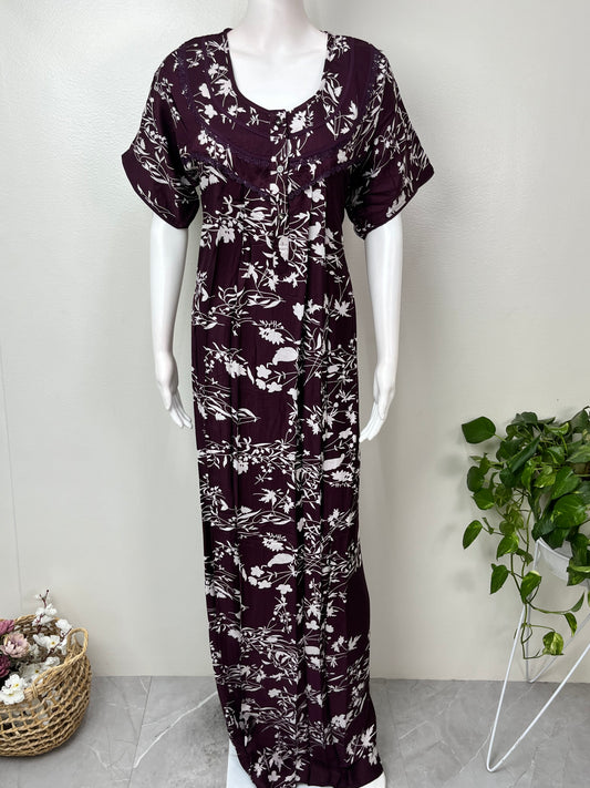 Wine Floral Rayon Satin Fabric Nighty for Women
