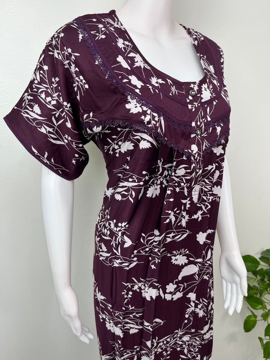 Wine Floral Rayon Satin Fabric Nighty for Women