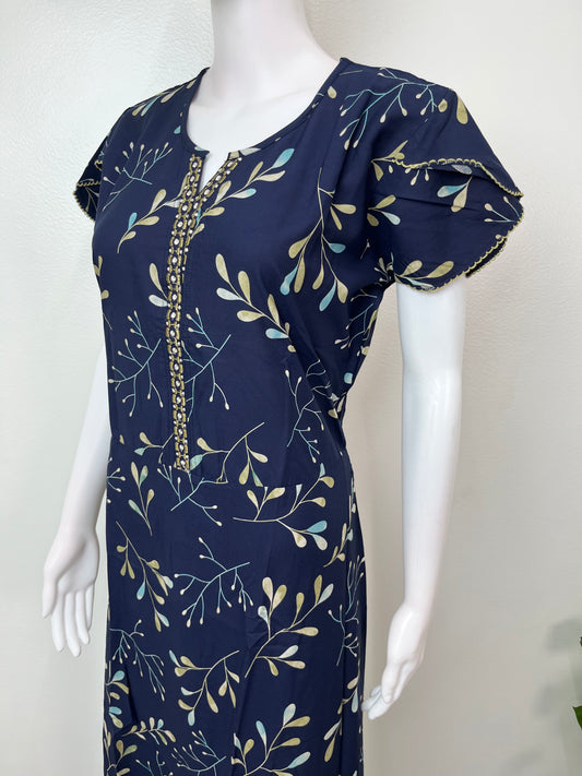 Navy Blue Umbrella Floral Printed Rayon Nighty for Women