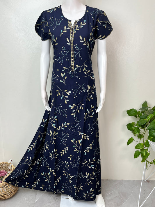 Navy Blue Umbrella Floral Printed Rayon Nighty for Women