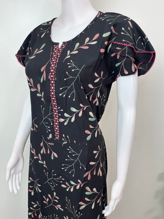 Black Floral Frock Style Rayon Fabric Nightgown