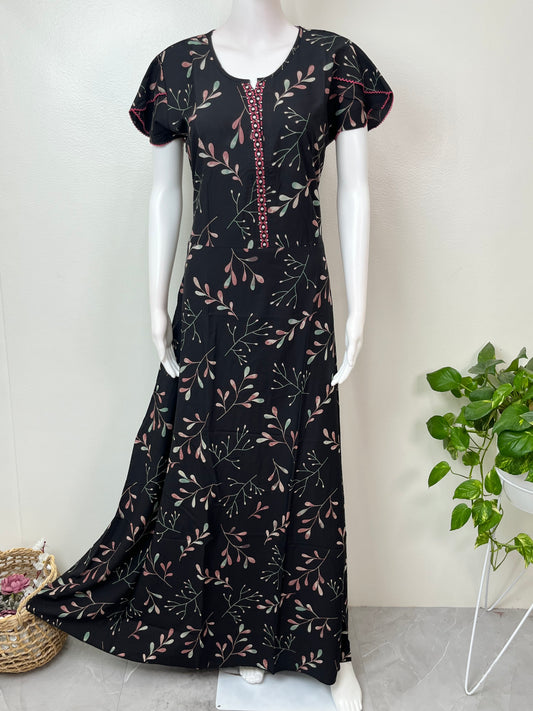 Black Floral Frock Style Rayon Fabric Nightgown