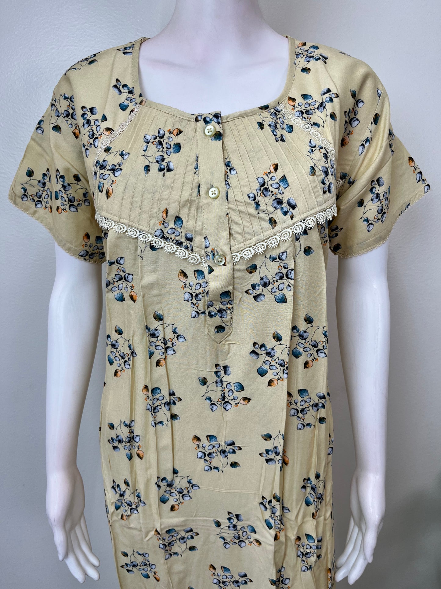 Lemon Yellow Floral Printed Rayon Fabric Nightgown