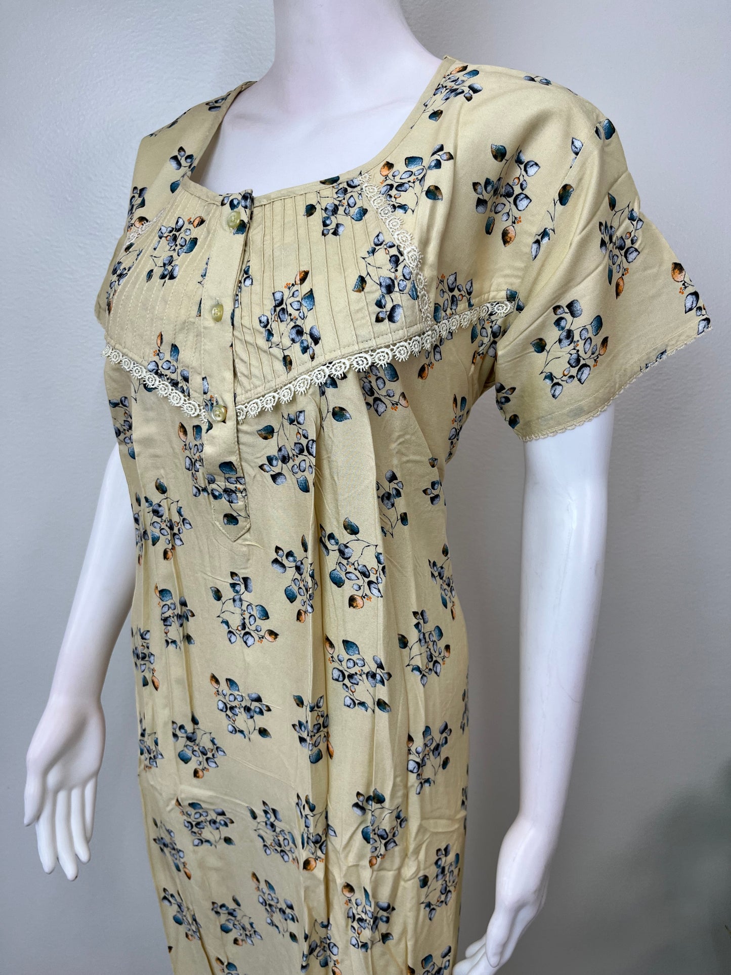 Lemon Yellow Floral Printed Rayon Fabric Nightgown