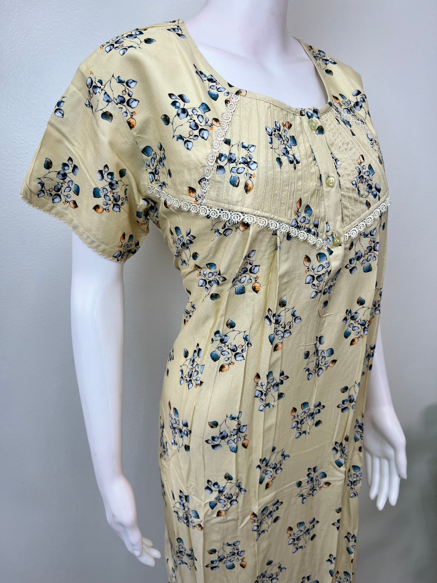 Lemon Yellow Floral Printed Rayon Fabric Nightgown