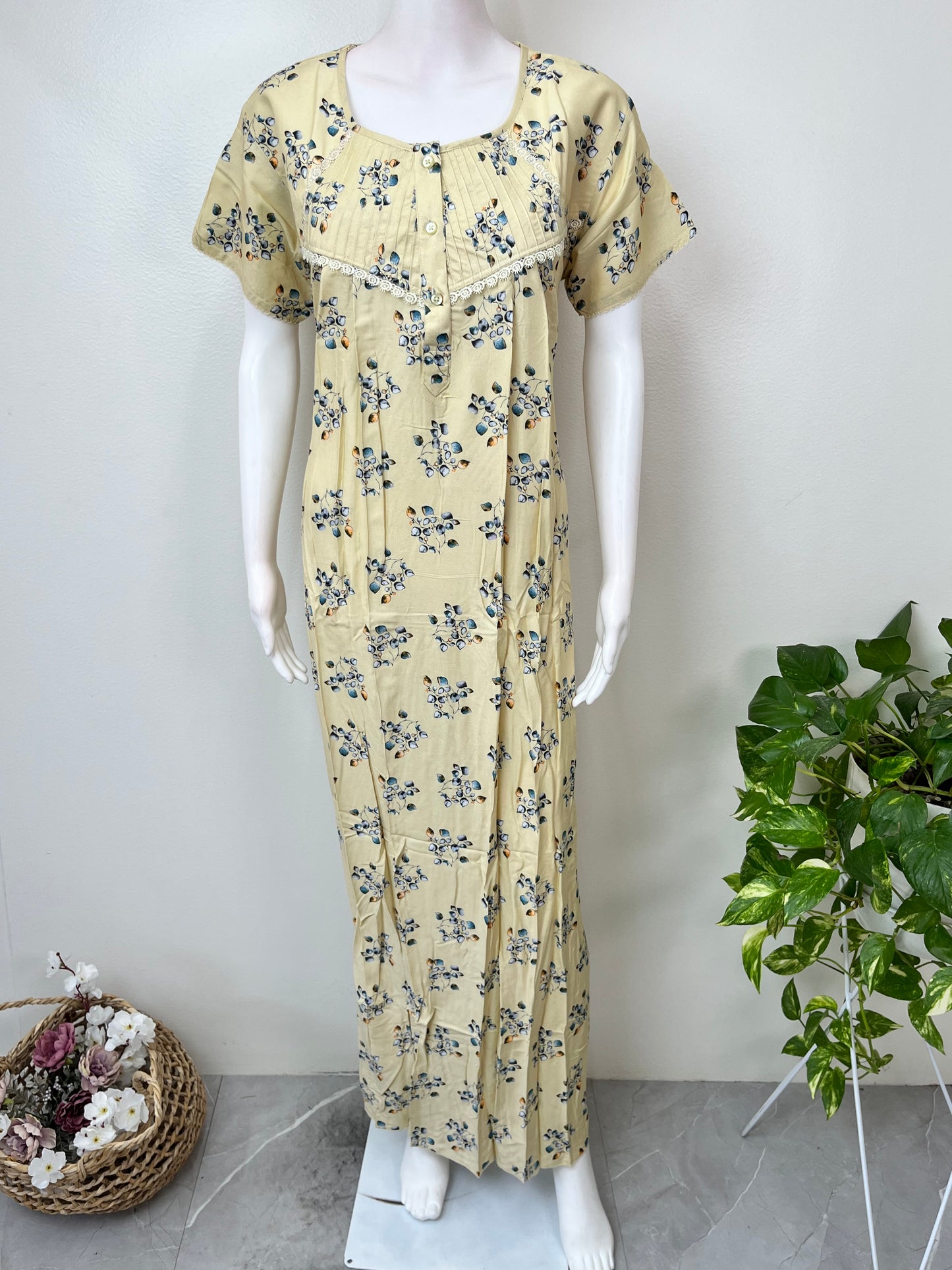 Lemon Yellow Floral Printed Rayon Fabric Nightgown
