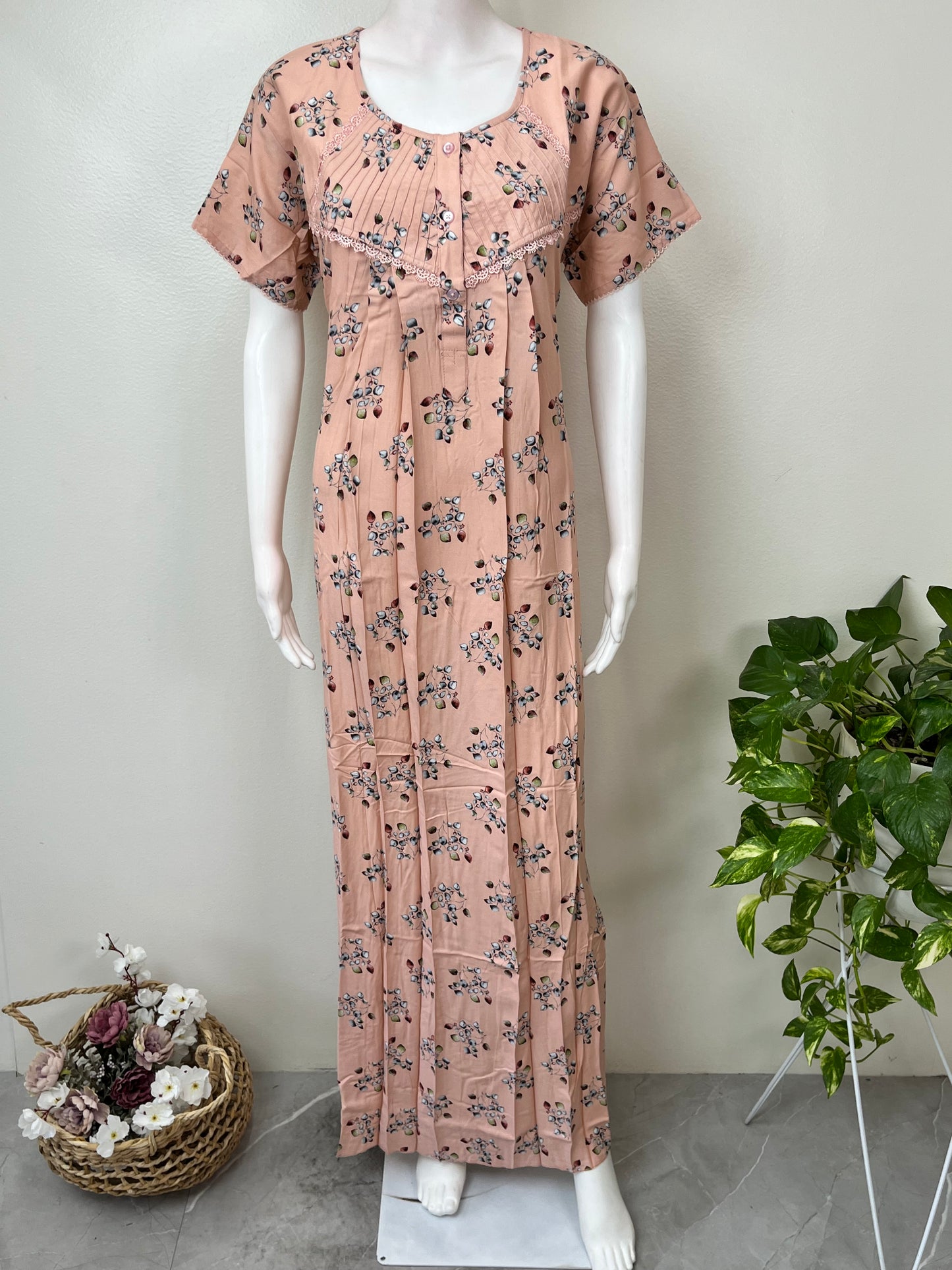 Orange Floral Printed Rayon Fabric Nightgown