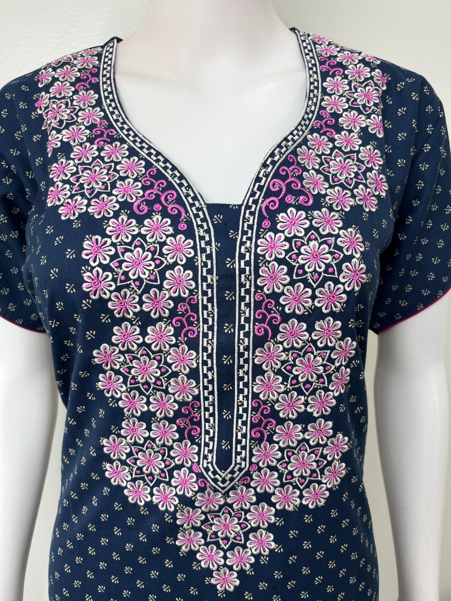 Navy Blue Delicate Embroidery Spun Fabric Nighty