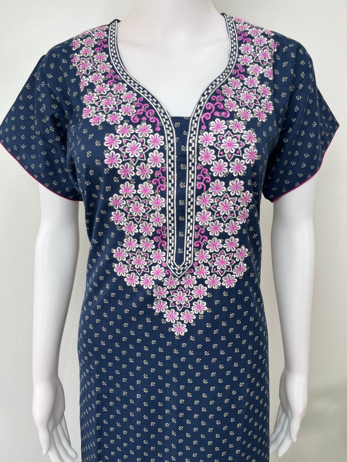 Navy Blue Delicate Embroidery Spun Fabric Nighty
