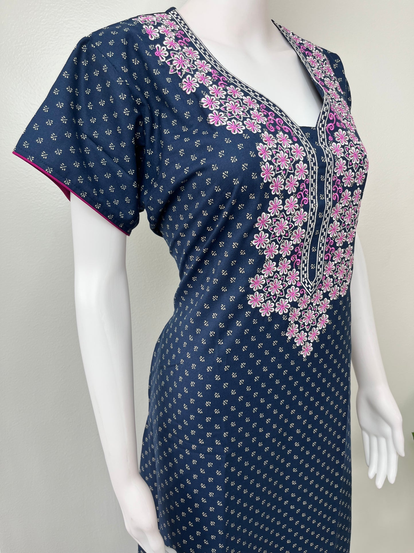 Navy Blue Delicate Embroidery Spun Fabric Nighty