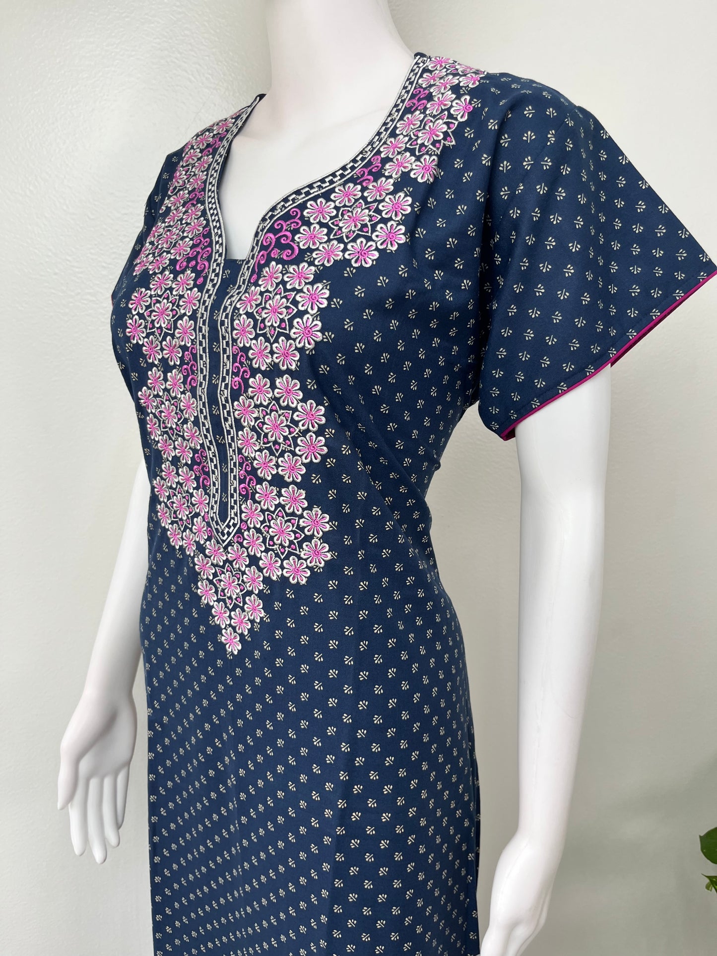 Navy Blue Delicate Embroidery Spun Fabric Nighty