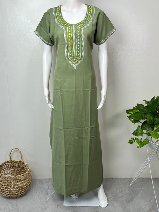 Olive Green Delicate Embroidery Spun Fabric Nighty