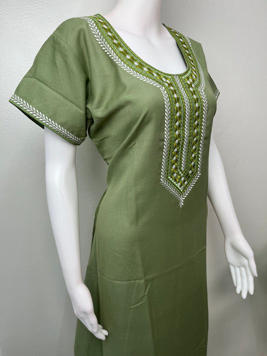 Olive Green Delicate Embroidery Spun Fabric Nighty