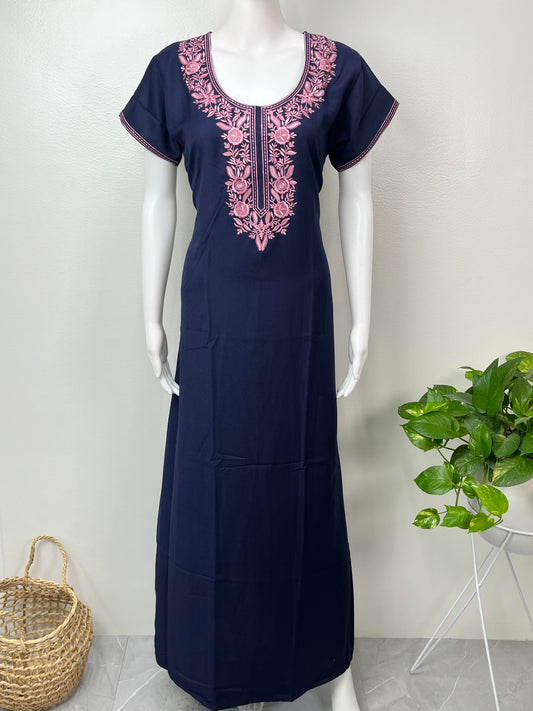 Navy Blue Breathable Elegance Spun Fabric Nightgown
