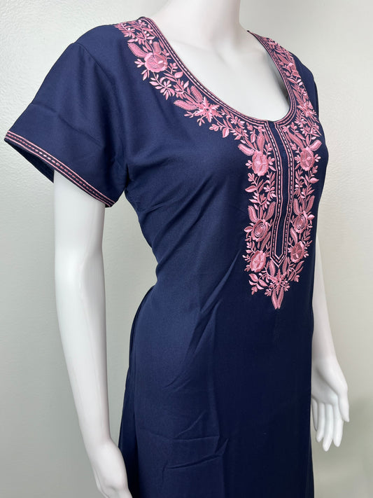 Navy Blue Breathable Elegance Spun Fabric Nightgown