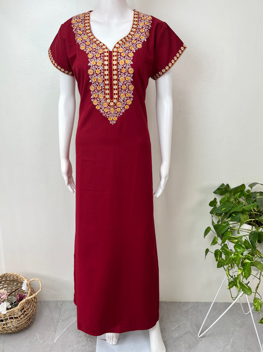 Maroon Graceful Spun Nighty with Embroidery
