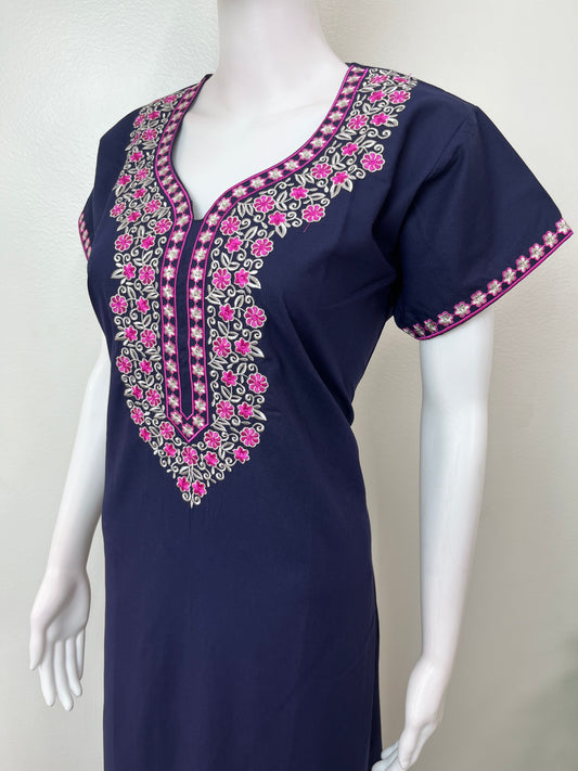 Navy Blue Delicate Embroidery Spun Nightgown