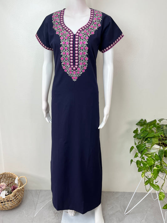 Navy Blue Delicate Embroidery Spun Nightgown