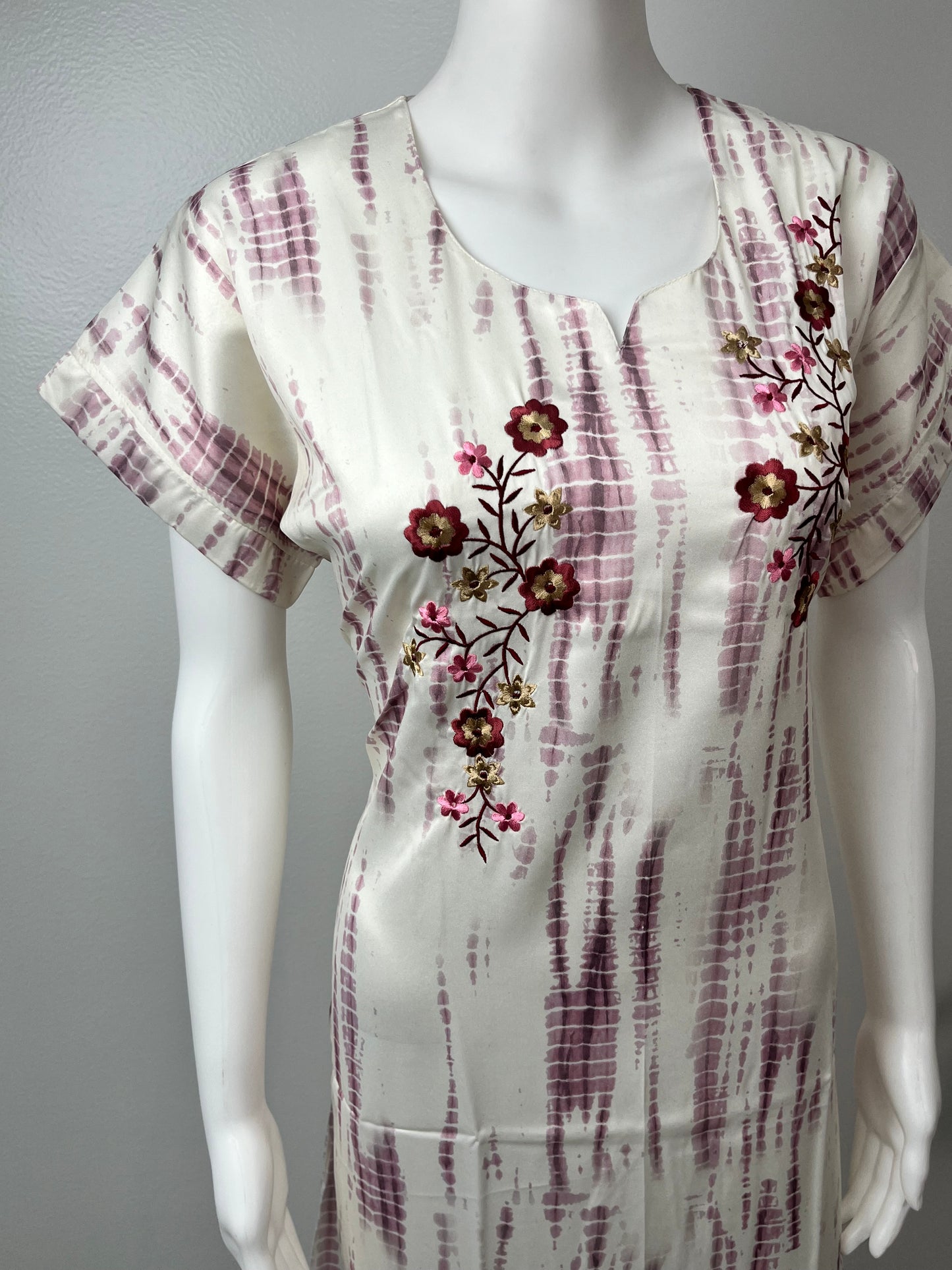 White Satin Fabric Nighty Silky Texture with Embroidery