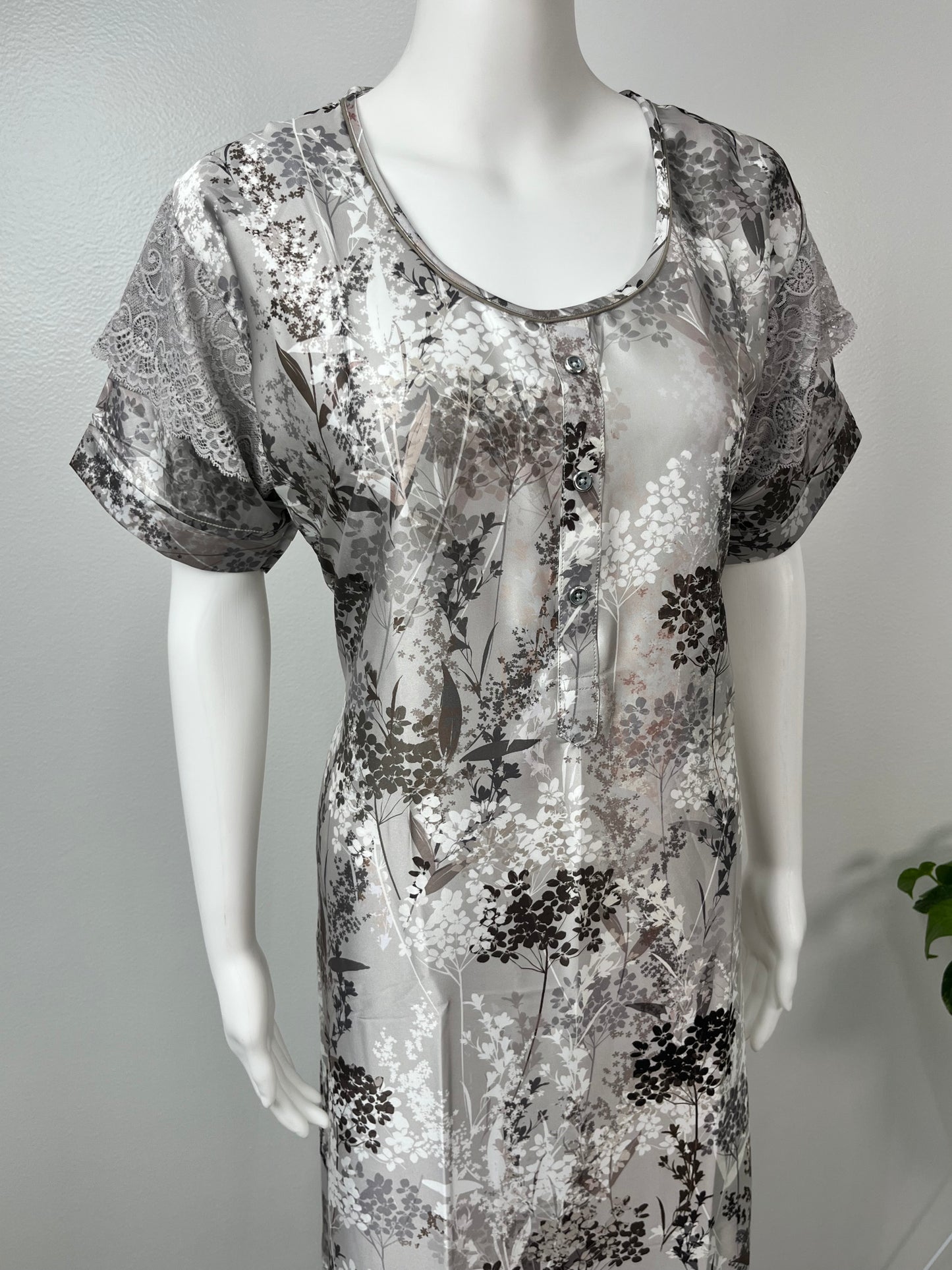 Grey Abstract Soft Satin Nightgown