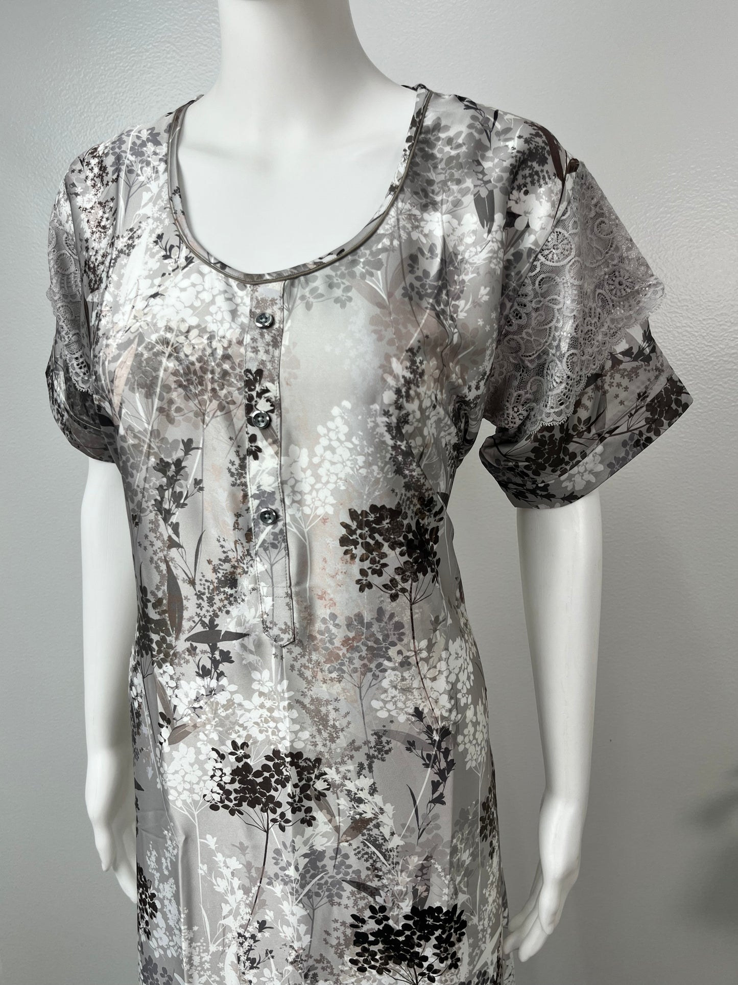 Grey Abstract Soft Satin Nightgown
