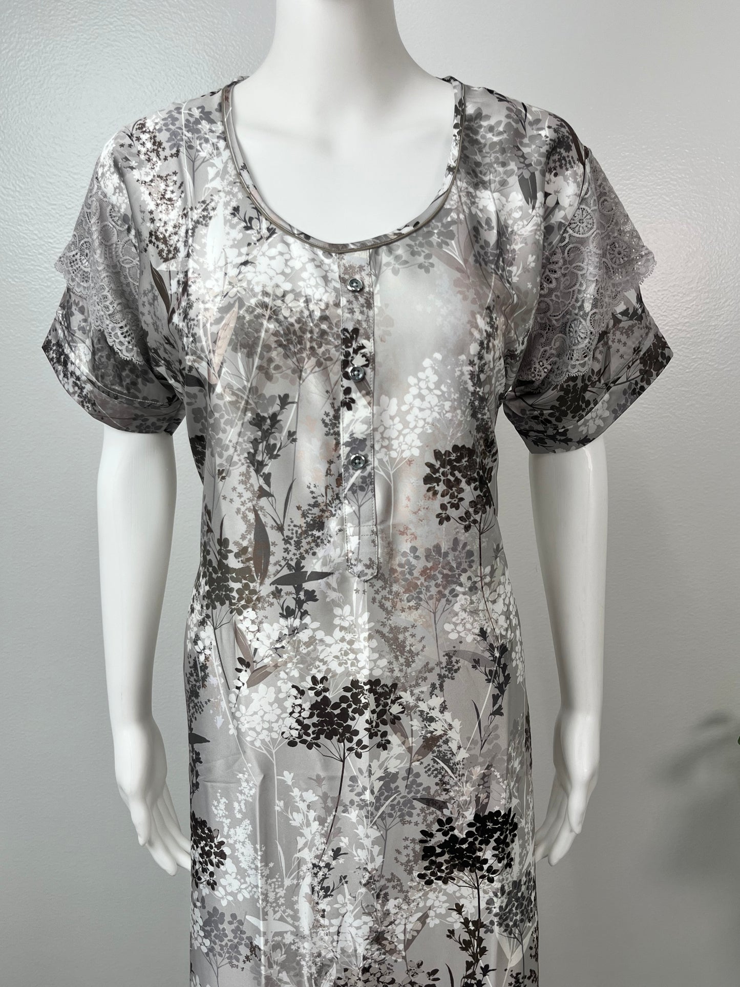 Grey Abstract Soft Satin Nightgown