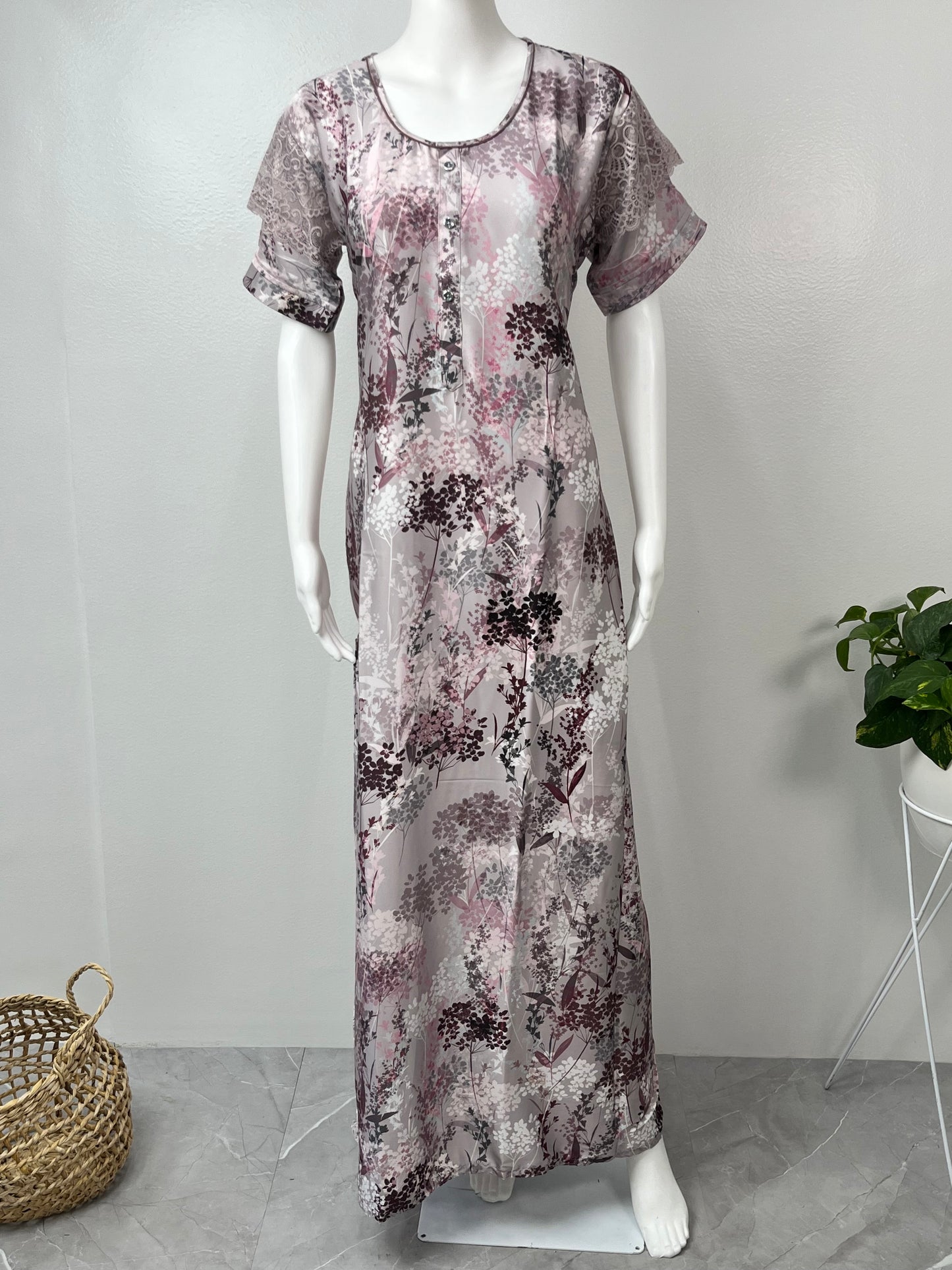 Satin Pink-Grey Nighty for Women