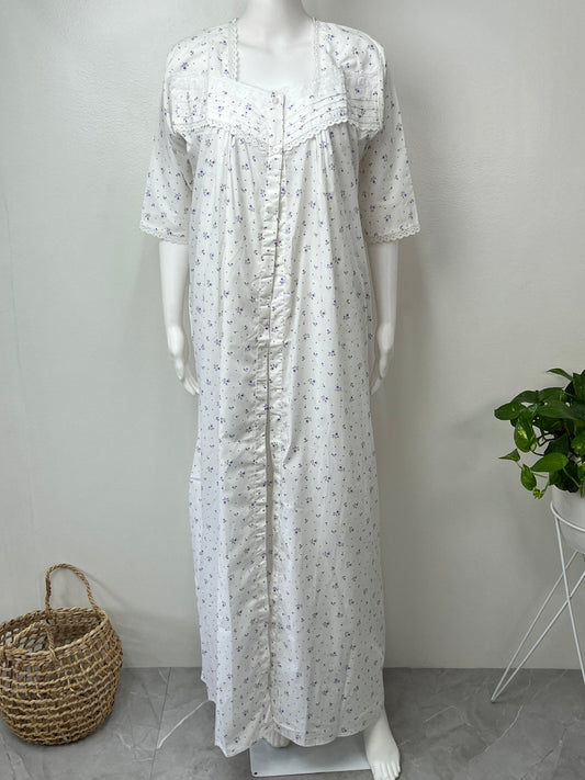 Lavender White Floral 2-Piece Cotton Nightgown Set
