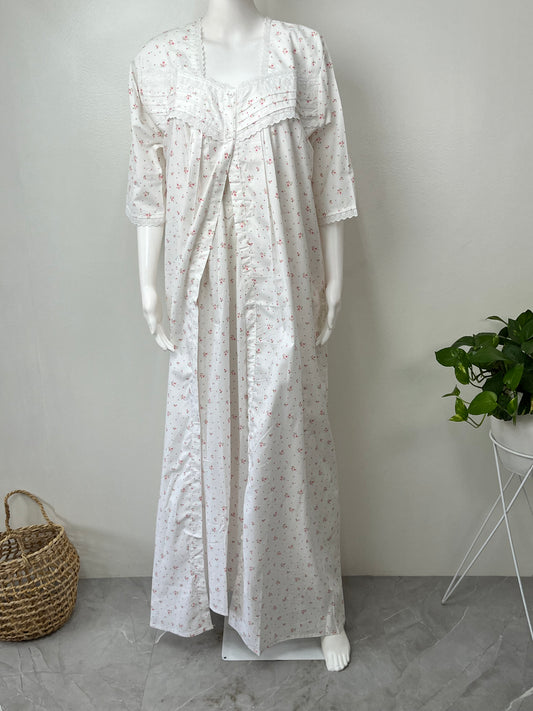 White Floral Printed 2-Piece Pure Cotton Nightgown Set