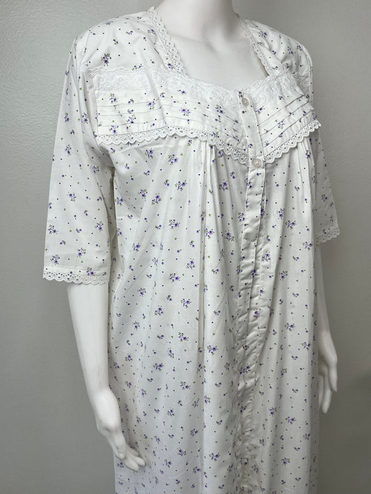 Lavender White Floral 2-Piece Cotton Nightgown Set
